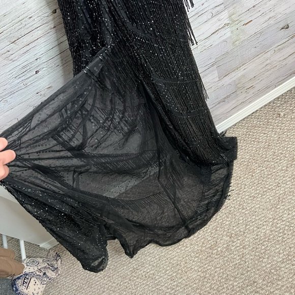 Fully beaded Evening gown black fringe NWT bridal size 12 - Picture 9 of 10
